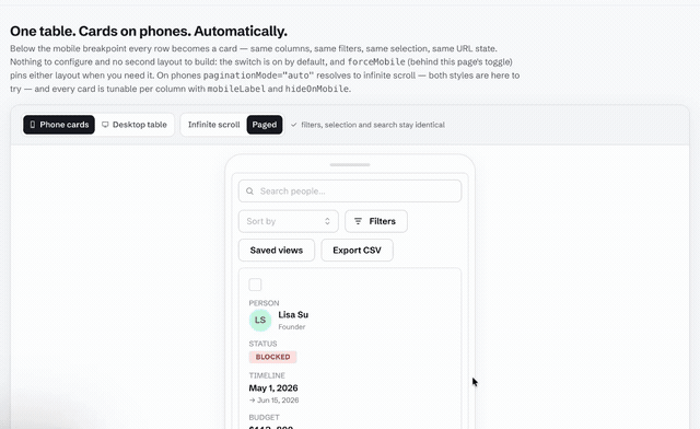 The same AdaptTable data table as phone cards — scrolling the card list, then switching to the desktop table